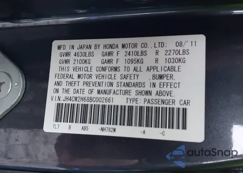 2011 Acura Tsx 2.4 из США, поврежденный, VIN JH4CW2H68BC002661